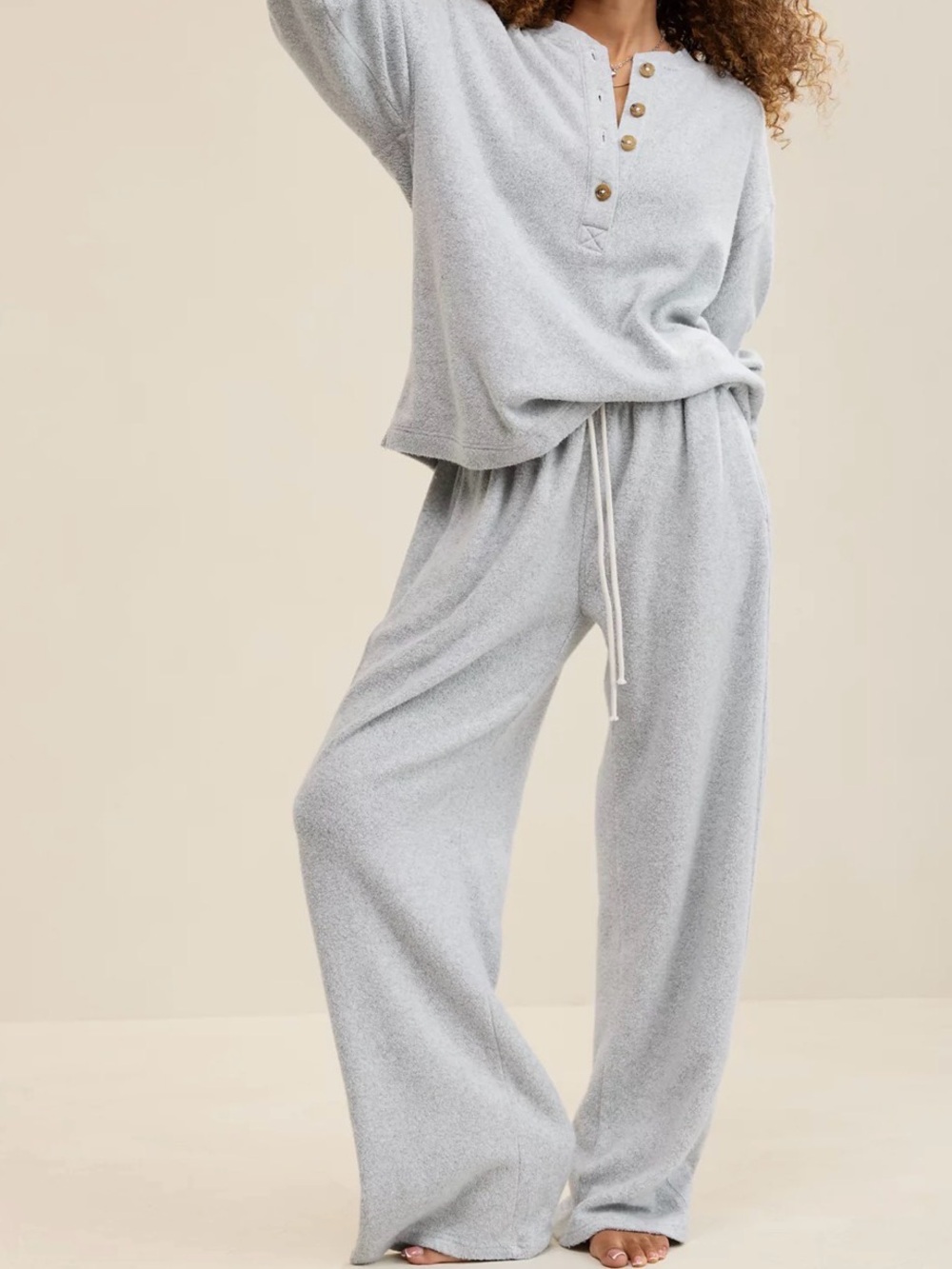 Aerie Cozy Light Gray Lounge Henley Top & Wide-Leg Pants Set